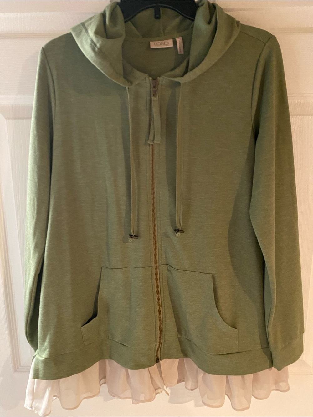 LOGO by Lori Goldstein Olive Green Hooded Zip Front Jacket with Ruffle Hem